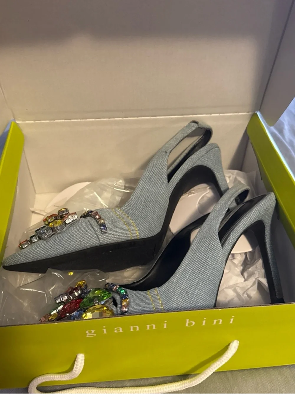 Gianni Bini Light Gray Denim Slingback Pumps with Multicolor Gem Accents - Picture 6 of 6